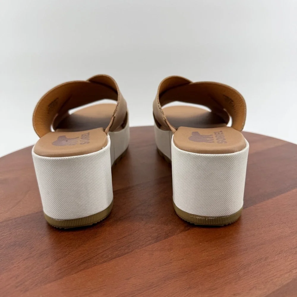 Sorel Cameron Flatform Slide Womens Beige‎ Leather Cross Strap Summer Sandals 9